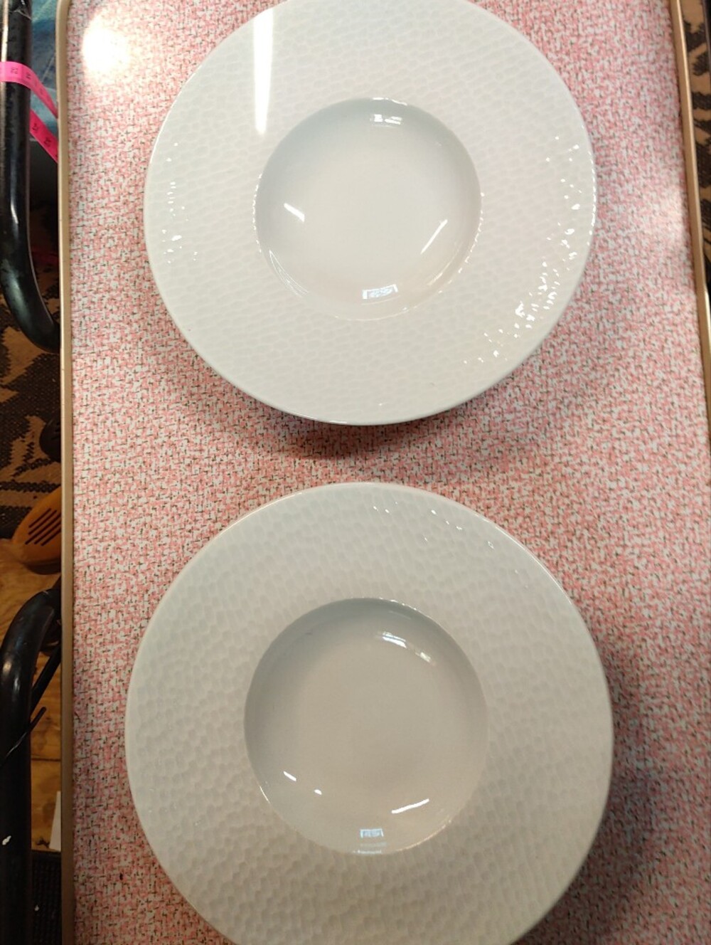 Apilco France Aqua White Hammered Porcelain Wide Rim Soup Pasta Bowls Set of 2